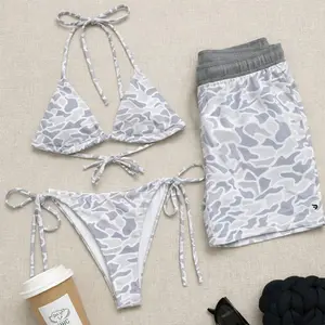 Grey Camo Matching Couple Swimwear Set – Women’s Triangle Tie Bikini &  Men's Short, Beach Vacation Outfit, Gift for Her, Goft idea