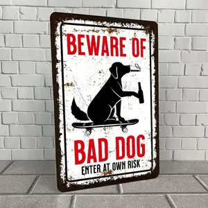 Funny 'Beware of Bad Dog' Metal Sign: Enter at Own Risk Pet Decor Retro Metal Sign White With Black And Red Text And Dog On Skateboard Beware Of Bad Dog Enter At Own Risk Warning Sign For Outdoor Yard Or Garden Decor