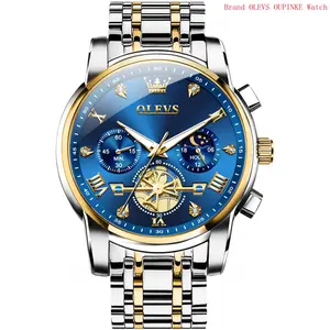 Brand OLEVS Men Watches Stainless Steel Chronograph Watch, Large Wrist Analog Quartz Watch, Fashion Waterproof Diamond Roman Numerals Dress Watches for Men, Gold/Black/White/Blue/Grey Dial