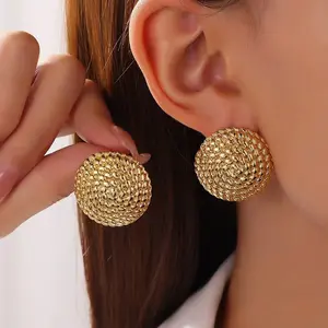 18k Plated Vintage elegant relief rhombus check hoop earrings women no fade stainless steel hoop