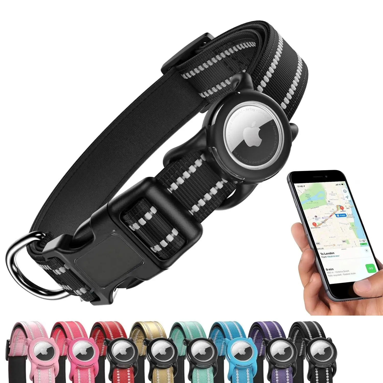 Waterproof Air Tag Dog Collar with AirTag Holder, Reflective Soft Padded & Safety Buckle, AirTag Pet Collar Adjustable for Dogs