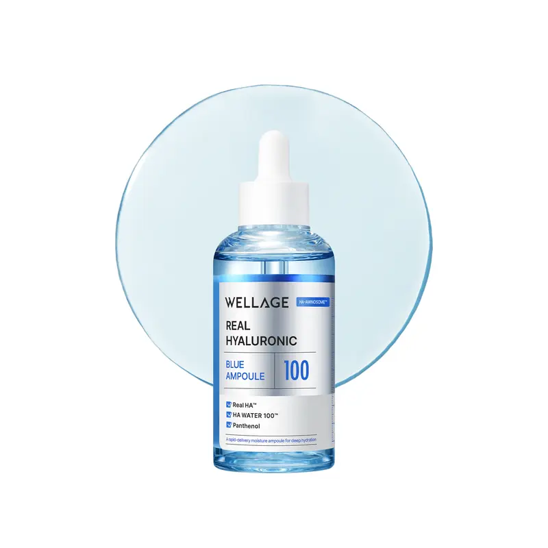 Wellage Real Hyaluronic Blue 100 Ampoule | Lightweight, Hydrating Facial Serum, Hyaluronic Acid, Dewy Skin, Korean Skincare