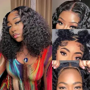 Glueless Wigs Human Hair Pre Plucked Pre Cut Wear and Go Glueless Wig for Beginners 13x4 Bob Wig Human Hair 180% Density Curly Lace Front Wig 12 Inches Natural Black