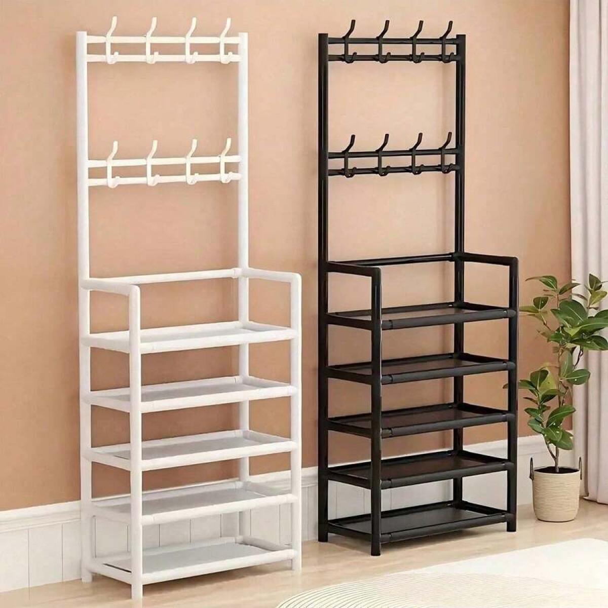 5-Tier Coat Rack Shoe Rack with 8 Hooks & Storage Shelves Black Metal Stable Design for Entryway Bedroom Closet Living Room Office Freestanding Iron Durability