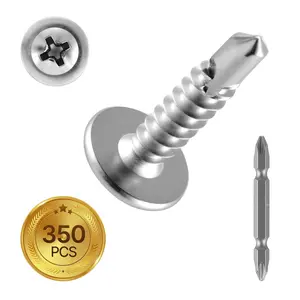 VEVOR.#8 Self Drilling Wood Screws, 3/4 Inch Long 350 PCS Truss Head Wood Screws, Phillips Drive Quick Metal Self Tapping Screw, Stainless Steel and Full Thread, Screwdriver Bit Included, Silver