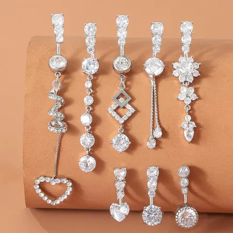 Fashion Luxury Artificial Zircon Belly Ring Set, Heart & Rhinestone Decor Belly Piercing Jewelry, Women's Body Jewelry for Party, Daily Clothing Decor, Vintage Body Jewelry, Body Jewellery