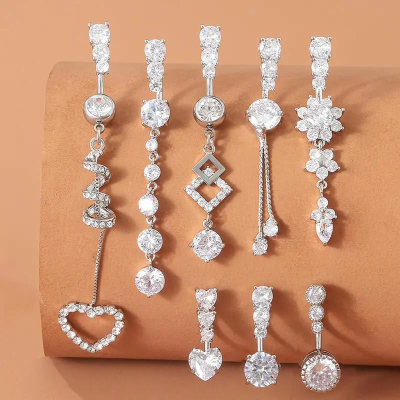 Fashion Luxury Artificial Zircon Belly Ring Set, Heart & Rhinestone Decor Belly Piercing Jewelry, Women's Body Jewelry for Party, Daily Clothing Decor, Vintage Body Jewelry, Body Jewellery