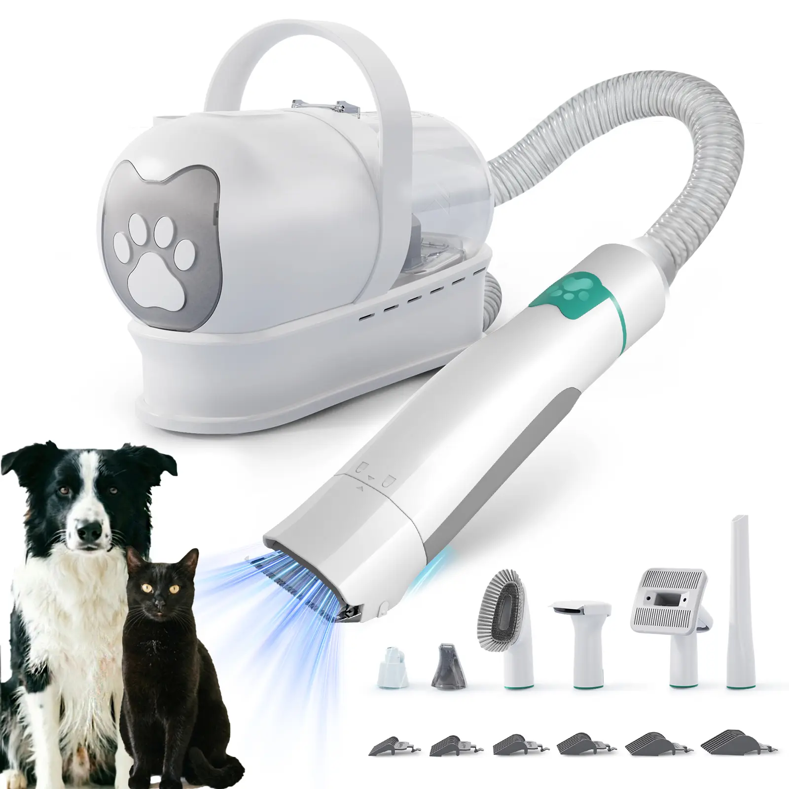 Dog Hair Vacuum Groomer & Shedding Kit, 7 in 1 Pet Grooming Vacuum with Hair Clipper, Paw Trimmer, Nail Grinder & Cleaning Tools for Cats Dogs