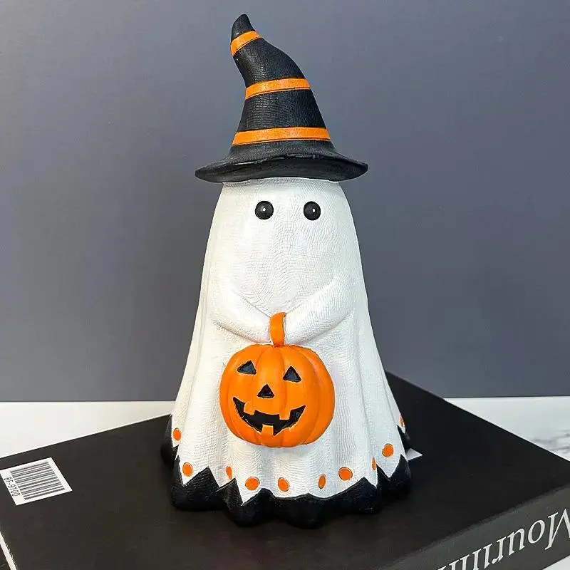 Ghost & Pumpkin Design Resin Ornament, Halloween Themed Desktop Decoration Cute Collectible Figurines, Halloween Decoration for Home Living Room Bedroom, Decor Figurine