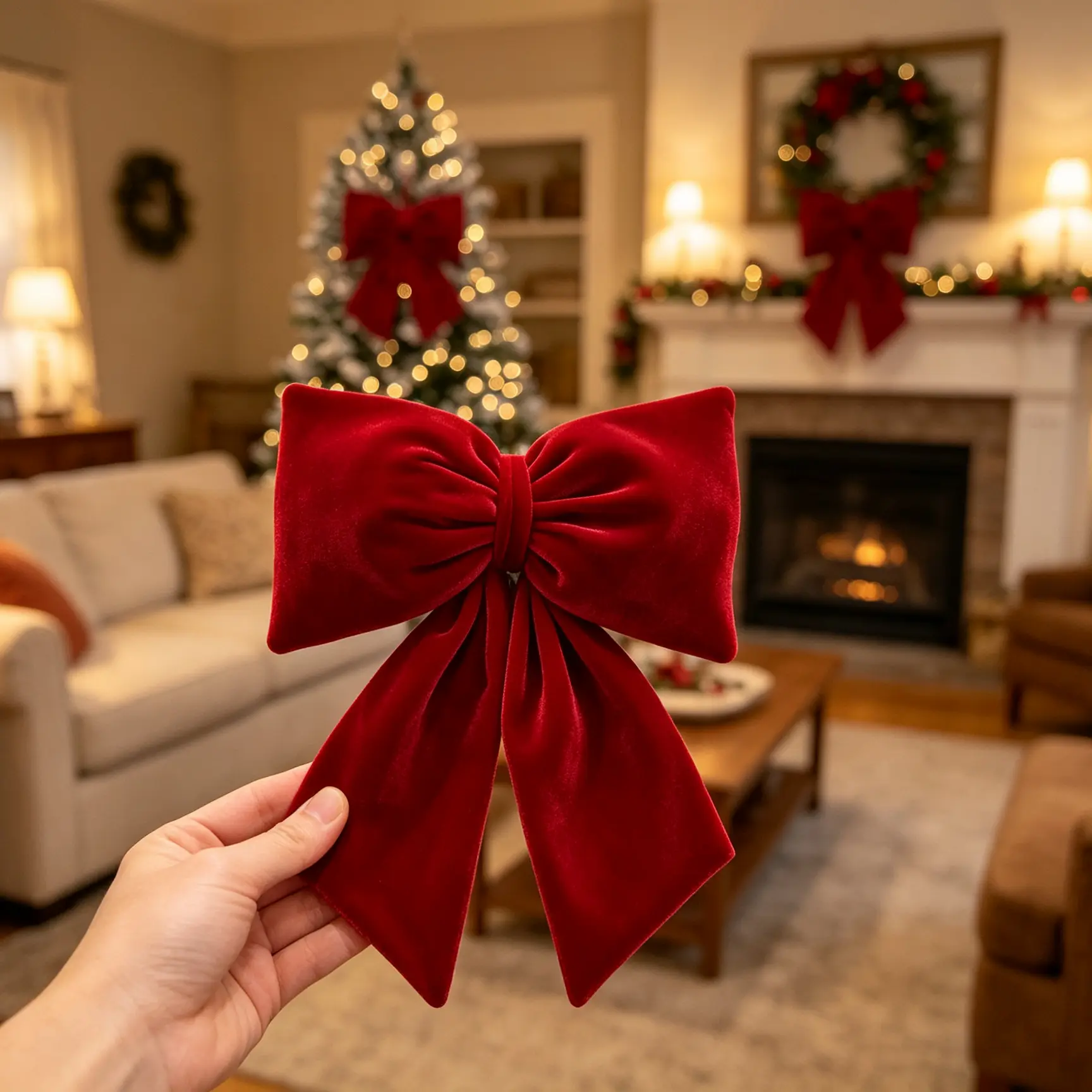 Large Red Velvet Christmas Bow Ornament, 11.8-inch flocked big bow pre-shaped with hanging rope for effortless setup. Perfect decoration for Christmas trees, wreaths, doors, windows, weddings and holiday home parties, reusable for seasonal decor.