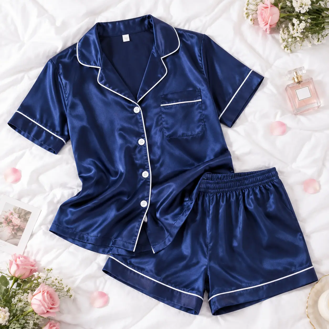 【Black Friday】Women's Basic Comfortable 2-Piece Lounge Set - Short Sleeve Button-Down Top & Shorts, Everyday Nightwear Pajama Set for Sleep & Loungewear
