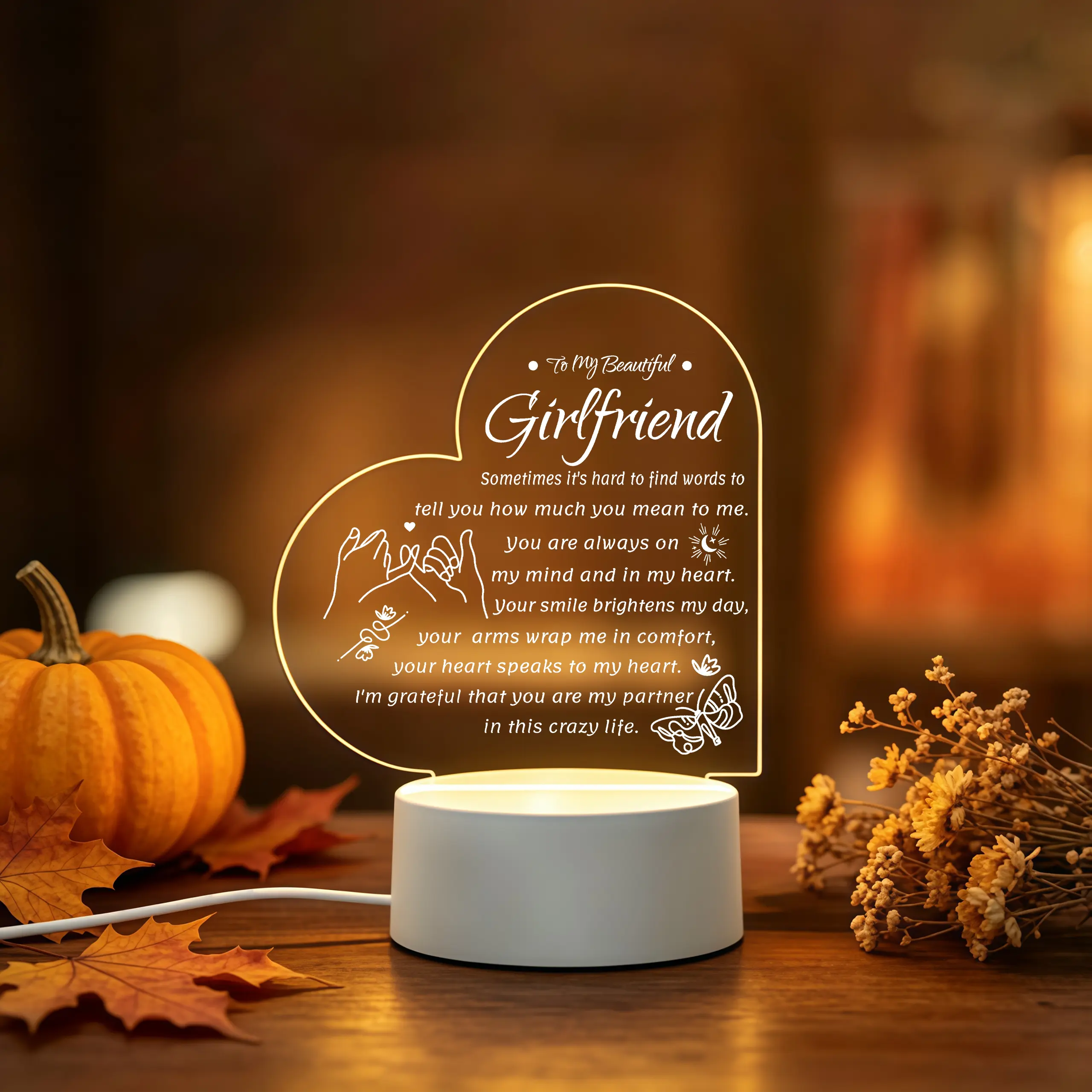 2D Acrylic Night Light 1pc Heart Shape LED Lamp With Girlfriend Quote Decor For Bedroom Anniversary Valentines Day Thanksgiving Christmas Birthday Gift For Girlfriend Warm USB Powered Table Lamp Home Decor
