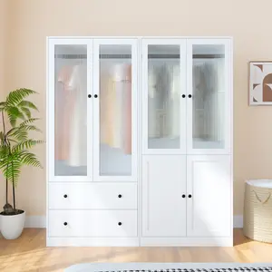 【2 Packages Delivery】VOWNER Wardrobe Closet with Fluted Glass Door, 2 Drawer & Shelf, Wooden White Armoire Storage Cabinet for Bedroom