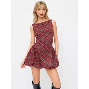Cider Wool-look Boat Neck Tartan Plaid Bubble Hem Mini Dress