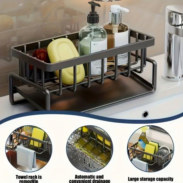 Kitchen Sink Organizer Tray with Sponge Holder Dish Soap Brush Rack Multi Purpose Countertop Storage Space Saving for Kitchen Bathroom Durable Design Kitchen Sink Organizer Tray with Sponge Holder Dish Soap Brush Rack Multi Purpose Countertop Storage Space Saving for Kitchen Bathroom Durable Design