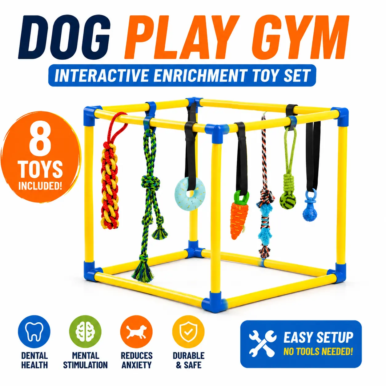 Dog Play Gym Interactive Enrichment Toy Set with Rope Tug Toys, Chew & Squeaky Toys, Indoor Puppy Activity Center, Reduces Anxiety, Boredom Relief, Durable PVC Frame for Dogs of All Sizes