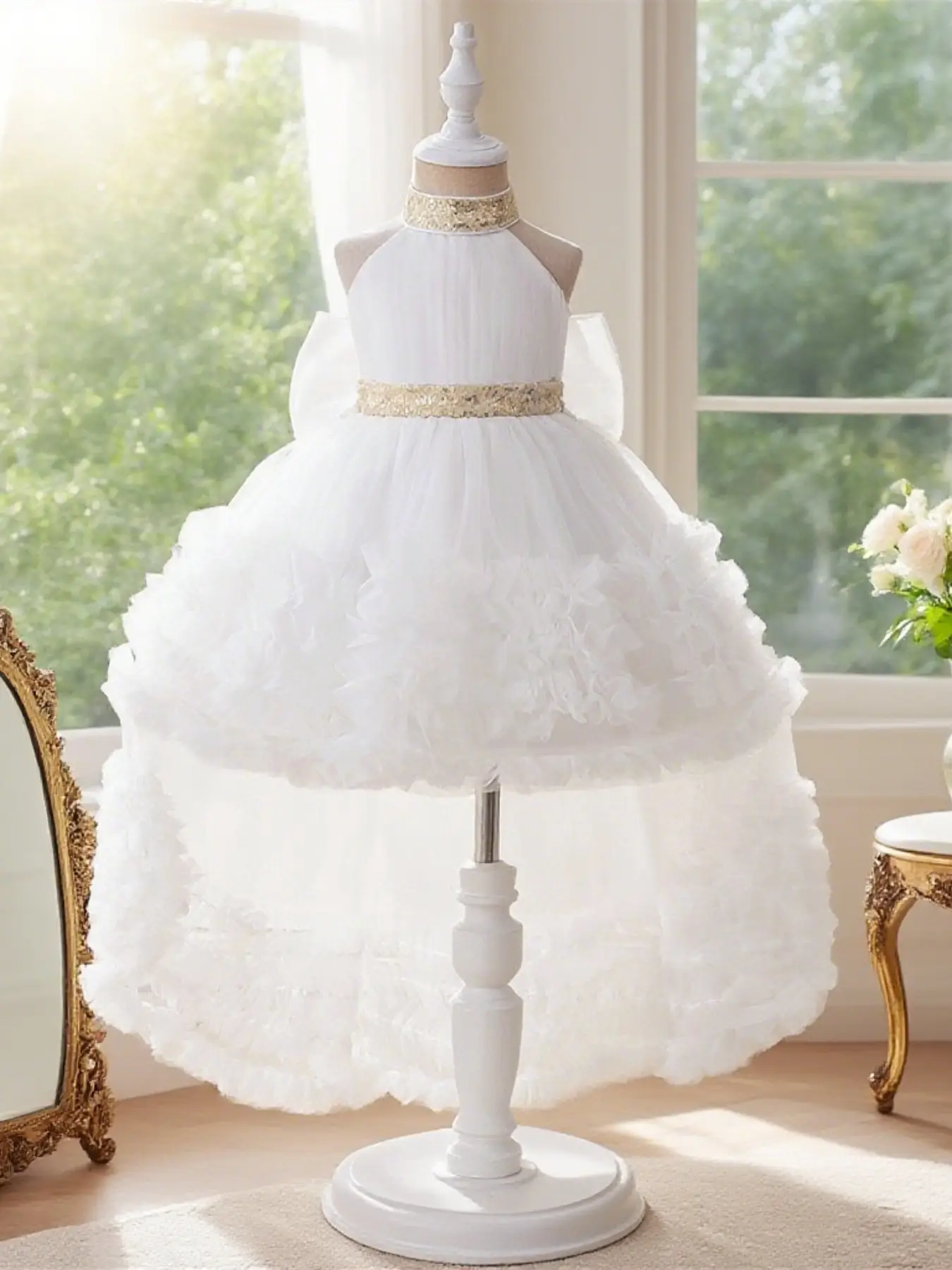 Kids' Contrast Mesh Bow Back High Low Hem Fit and Flare Dress, Elegant Sleeveless Contrast Sequin Tiered Layer Dress for Party Wedding Guest, Kids Clo