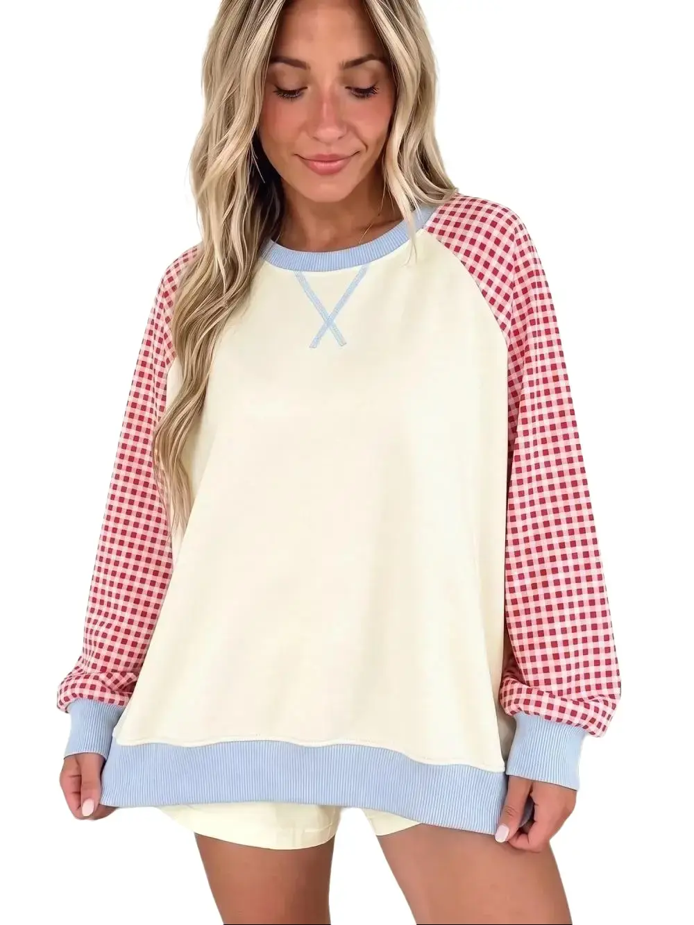 PHEFEE Women's Casual Crewneck Sweatshirts Long Sleeve Colorblock Plaid Patchwork Pullover Tops Fabric Hoodie