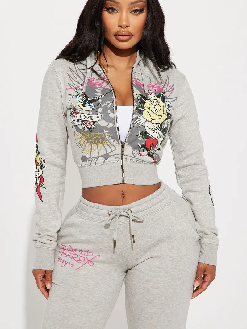 Ed Hardy Rose And Sword Zip Front Hoodie - Heather Grey - TikTok Shop