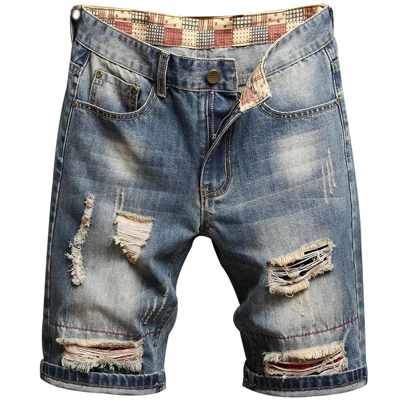 Men’s non-stretch slim fit irregular colorblock patch distressed denim shorts; summer slim casual fashion denim mid-length shorts; everyday men’s shorts; casual pocket shorts; buttoned distressed shorts; cut-detail shorts