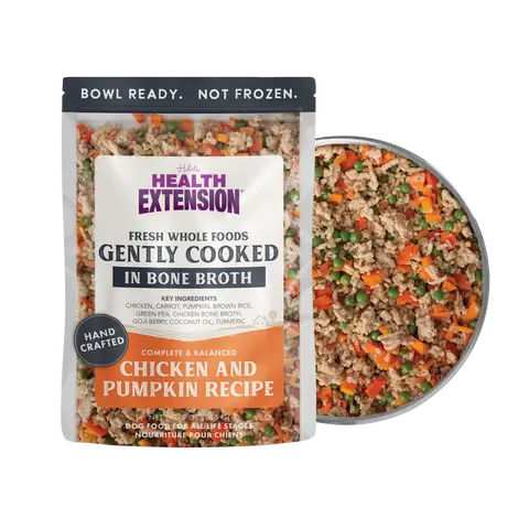 Health Extension Gently Cooked Chicken & Pumpkin Natural Dog Food - AAFCO Balanced Complete Meal for All Ages, 9oz Bowl-Ready Pouches, Immune-Aid Herbs (Goji & Turmeric), Carrot, Rosemary, Vitamins, Coconut Oil, Fresh & Frozen Feeding Option