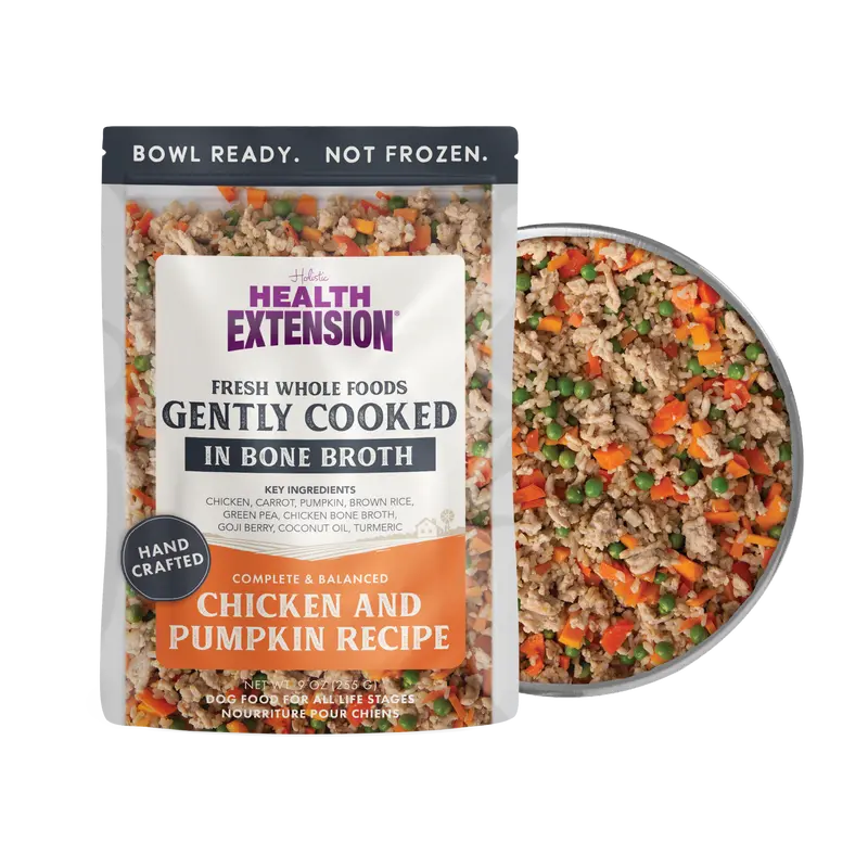 Health Extension Gently Cooked Chicken & Pumpkin Natural Dog Food - AAFCO Balanced Complete Meal for All Ages, 9oz Bowl-Ready Pouches, Immune-Aid Herbs (Goji & Turmeric), Carrot, Rosemary, Vitamins, Coconut Oil, Fresh & Frozen Feeding Option