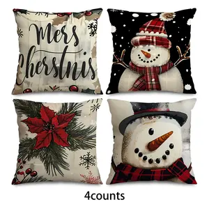 Christmas Themed Cushion Cover, 4 Counts/set Snowman & Christmas Tree & Letter Pattern Cushion Cover without Filler, Household Decoration Supplies for Home Living Room Sofa Bed