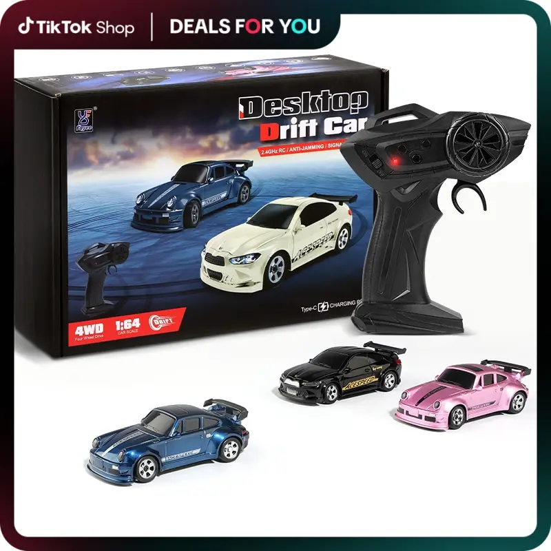 Hotfree 1/64 Mini RC Drift Car, 4WD High-Speed Full-Proportional Remote Control Sports Car with Steering Servo, LED Lights, USB Rechargeable, Desktop