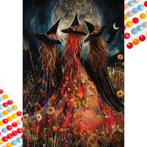 5D DIY Full Drill Round Diamond Painting - Diamond Art Kit Witch, Full Moon, Flower Skirt Mosaic, Canvas - DIY Wall Decoration, Home Wall Decor, Suitable for Halloween and Christmas, Birthday and Anniversary Gifts