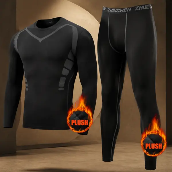2pcs Fleece Men'S Thermal Underwear Compression Set for Fitness Exercise And Running, And Thick Outdoor Skiing Leggings