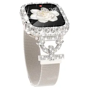 GSGL Compatible with IWatch Band with Bling Case 40mm 41mm 44mm 45mm for Women, Jewelry Look Mesh Loop Magnetic Strap Protective Case