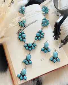 Western Concho Stone Lariat Necklace & Earrings Set