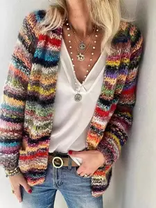 Women'S Large Colorful Pattern Cardigan - Fun Bright Open Front Sweater