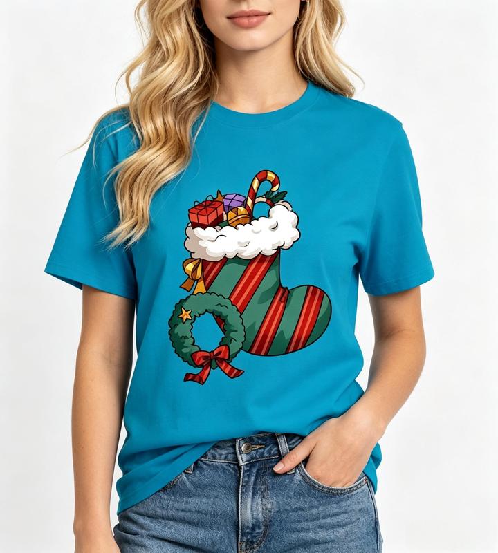 Women's Pure Cotton Crew Neck Graphic Print Christmas Stocking Gift Wreath T-Shirt - Blue, Candy Cane Holiday Look, Lightweight Casual Short Sleeve Tee, Comfortable Fit