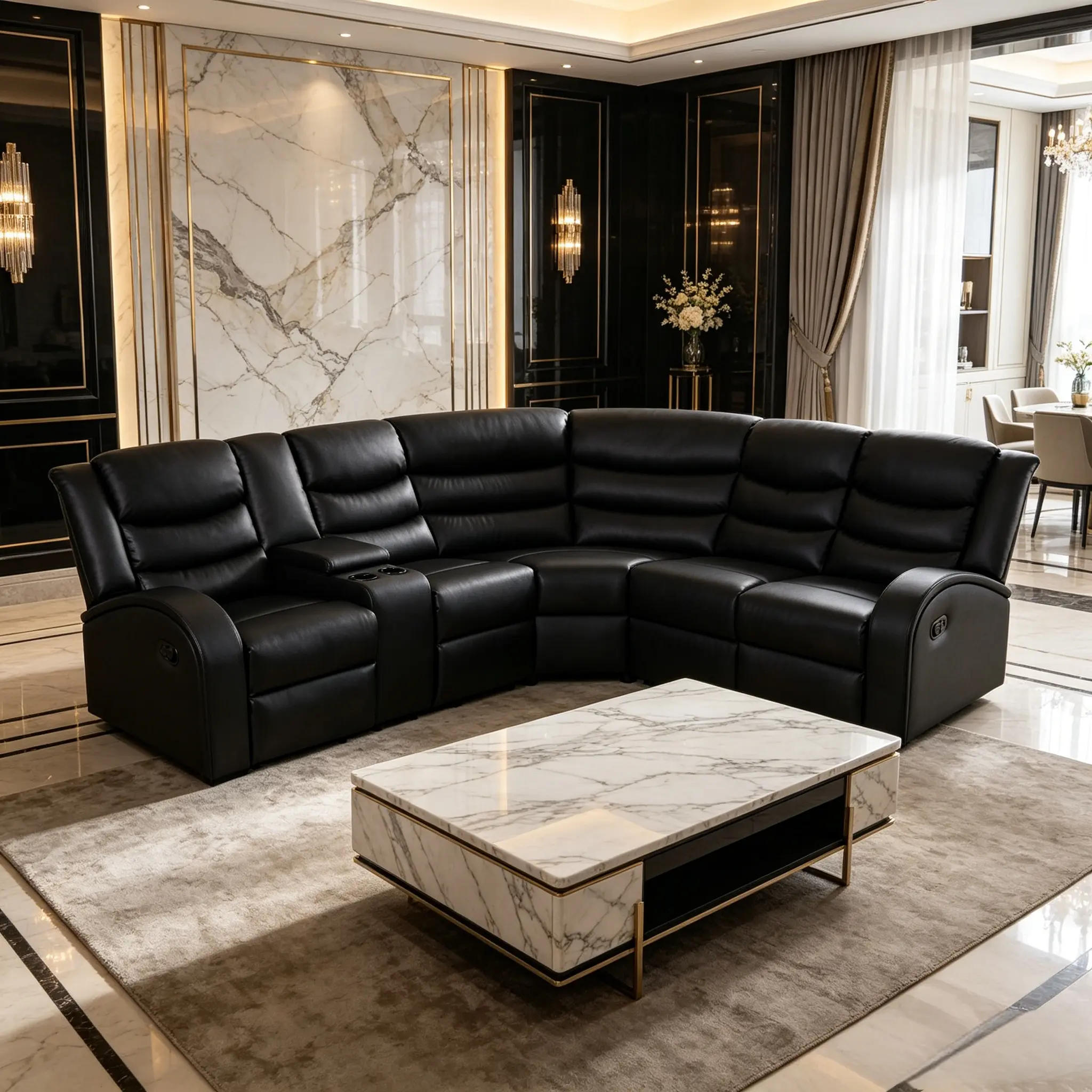 Sectional Recliner Sofa Set with Storage, Manual Reclining Black Leather Sectional Couch Includes 2 Recliner Seats, Cup Holders & Hidden Console Storage, for Home Office(Black) L Shape Sofa Modern Sofas