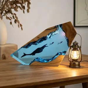 Graduation Gift Idea: Ocean Mosasaurus Resin Night Light - 100% Handmade Epoxy Wood LED Lamp, Aesthetic Desk & Bedroom Decor for New College Grads, Lighted Decorative Lights
