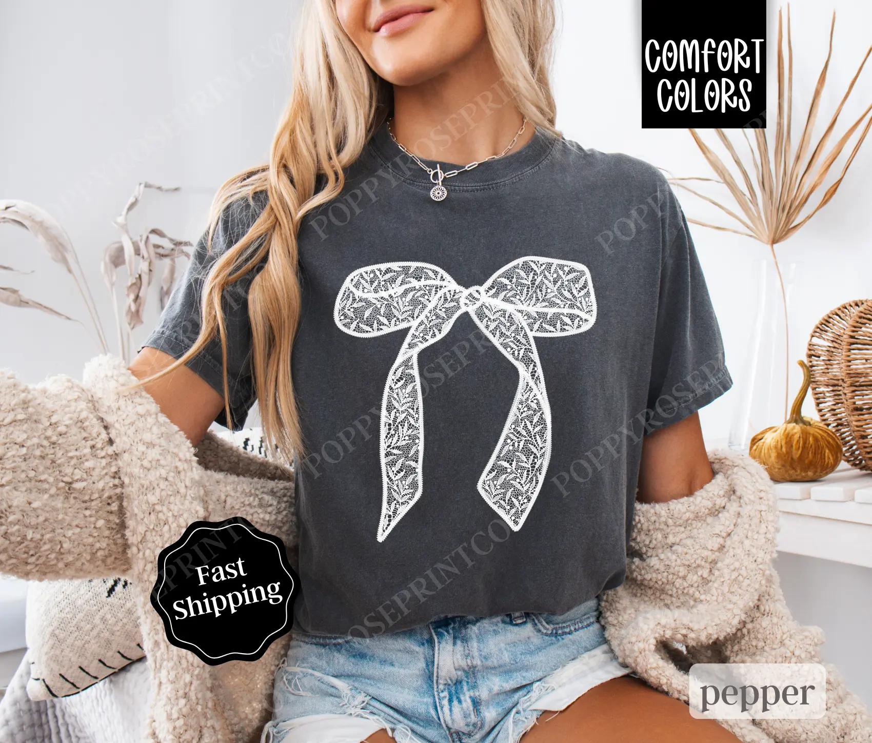 Lace Bow Shirt Comfort Colors, Coquette Ribbon Tee, Trendy Women's Tshirt