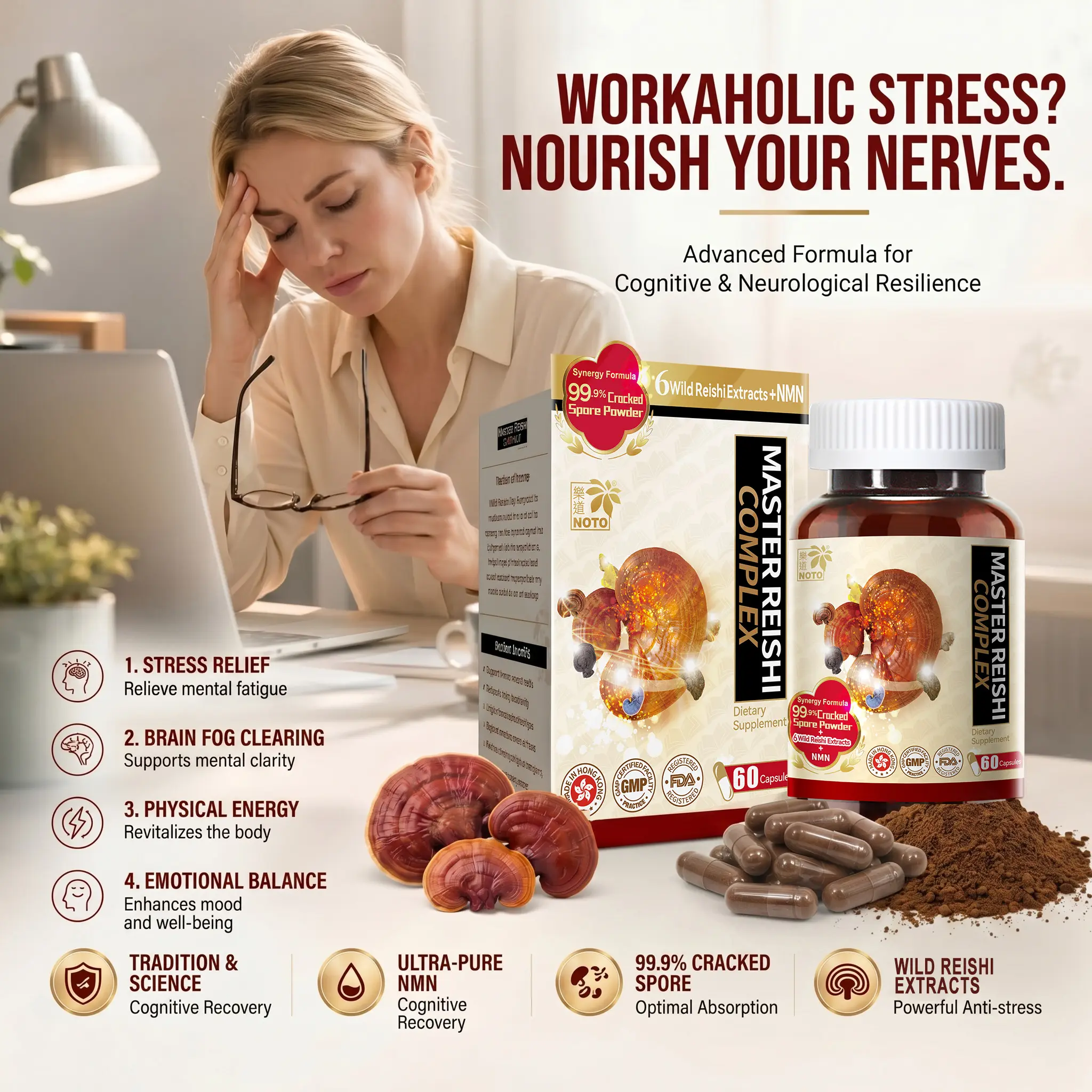 All Natural Brain Supporting Supplement - Reishi Functional Mushrooms Vitamins Capsules for Memory, Focus, Clarity, Neuro Energy, Brain Health (60 Count) | Gifts for Husbands, Fathers' Day Deals