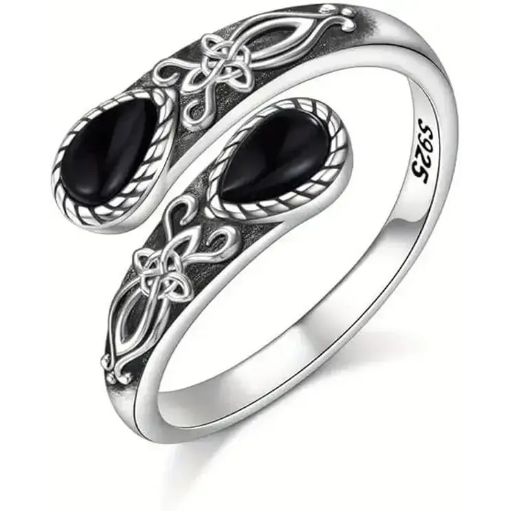 Virelyn Vintage Celtic Knot Black Onyx Ring, 925 Sterling Silver Open Ring, Retro Ornament Adjustable Band for Women, Ideal Gift for Mother’s Day & Birthdays Wedding Engagement Ring Wedding Rings
