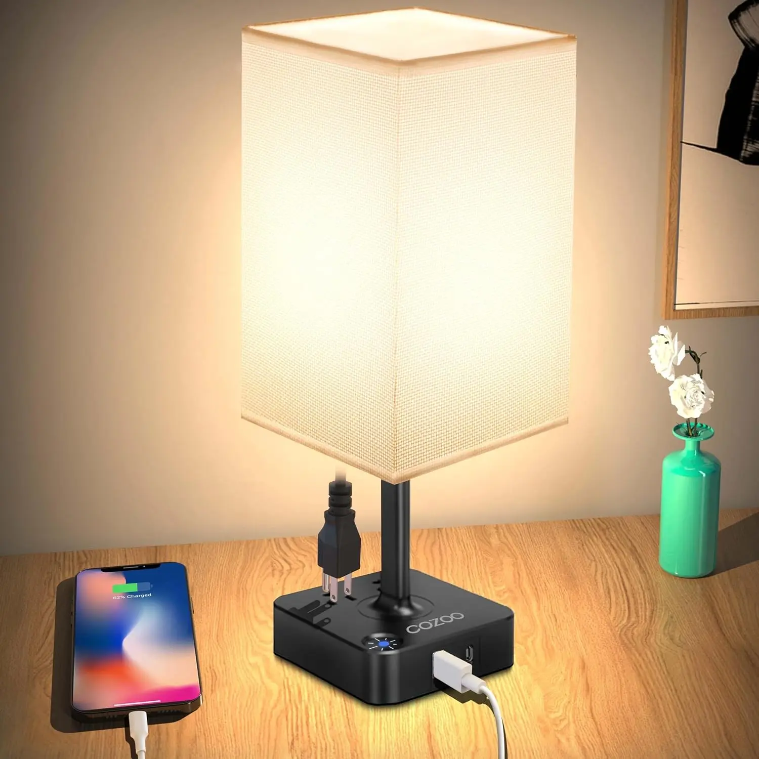 cozoo Dimmable Table Lamp, Bedside Table Desk Lamp with 2 USB Charging Ports (1 USB-C) 2 AC Outlets, Nightstand Lamp with Charger Base, LED Touch Lamp for Bedroom, Dorm, Home Office, White