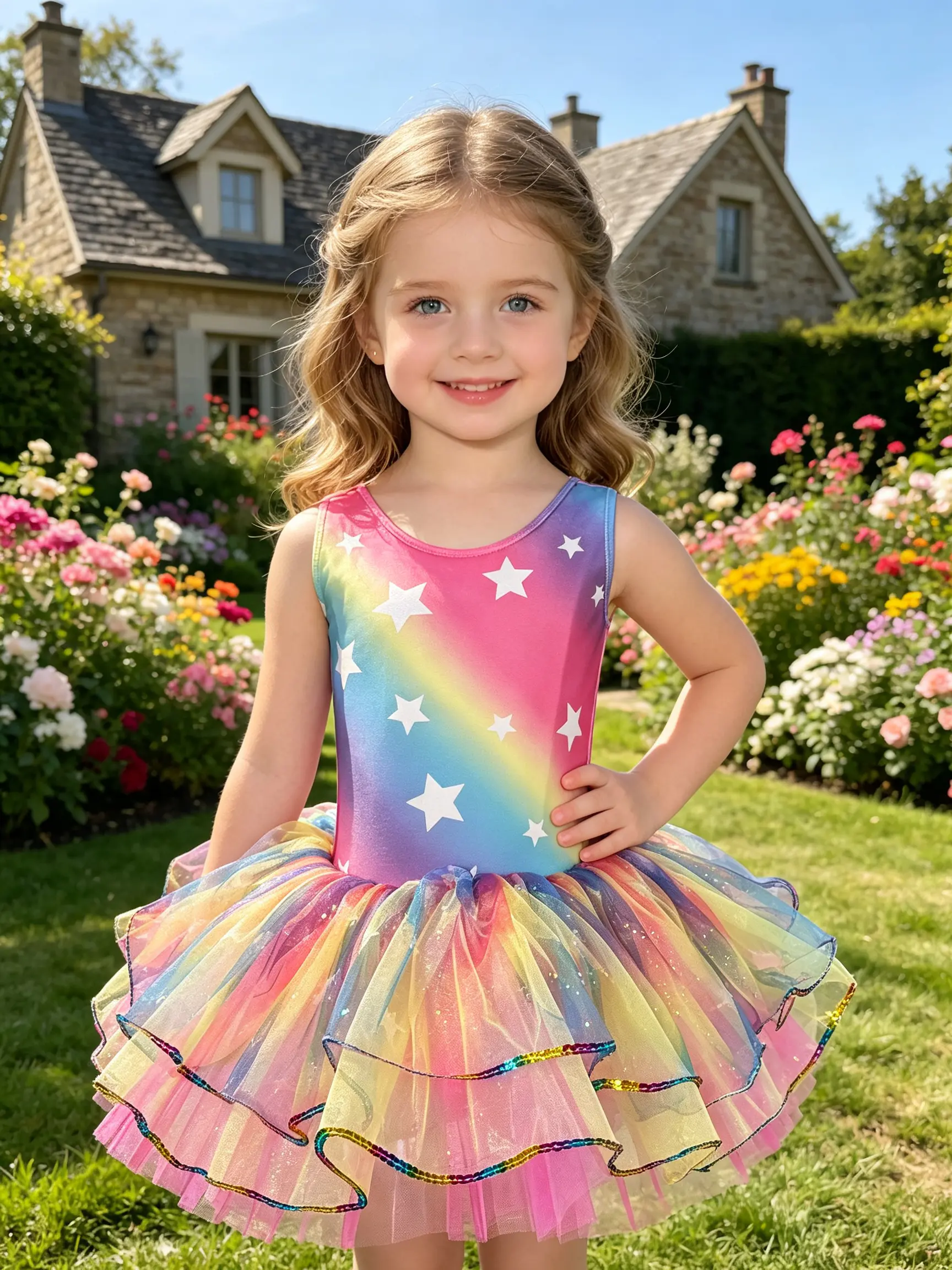 Little Girls Sleeveless Rainbow Star Ballet Tutu Dress Leotard Ruffle Glitter Rainbow Tulle Skirt Kids Gymnastics Recital Fairy Dance Costume Toddler Training Outfit