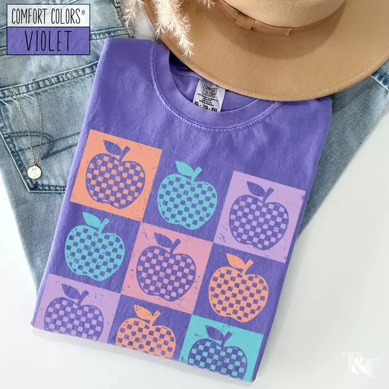 Comfort Colors Retro Checkered Summer Shirt, Summer School Teacher Shirt, Teacher Apple Tee, Back to School Teacher Gifts