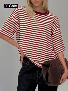Red White Striped T Shirt Horizontal Stripe Tee Oversized T Shirt Women Loose Fit Striped Top Boyfriend Style Tee Drop Shoulder T Shirt Half Sleeve Tee Crewneck Stripe T Shirt Ringer T Shirt Contrast Trim Tee Casual Streetwear Top Vintage Stripe T Shirt