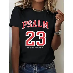 Women's 100% Cotton Printed T-Shirt, Lady's Round Neck Short Sleeve Top with Psalm 23 & Geometric Prints, All-Season Comfort Clothes for Outdoor Activities & Holiday Gifting