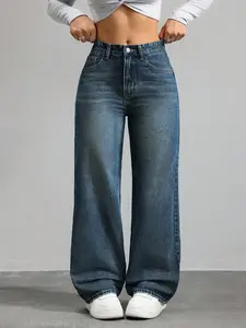 ICON Plus Size Women Loose Fit Vintage Wash Pockets Wide Leg Casual Jeans