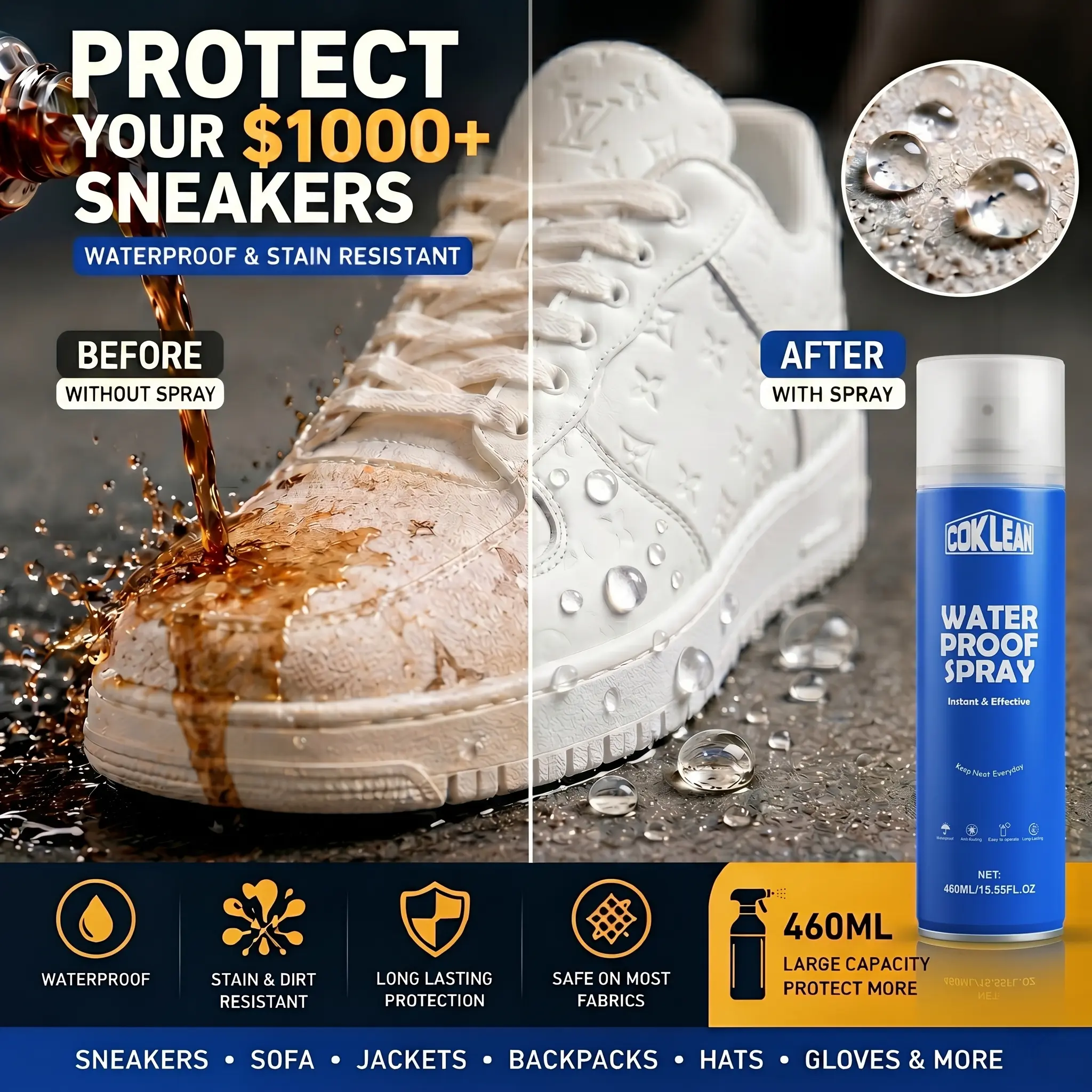 Waterproof Footwear Protector Spray - 15.55 oz Household Cleaner, Guards Sneakers, Suede, Canvas, Fabric, Leather Against Rain, Coffee, Dirt, Covers Up to 15-20 Pairs