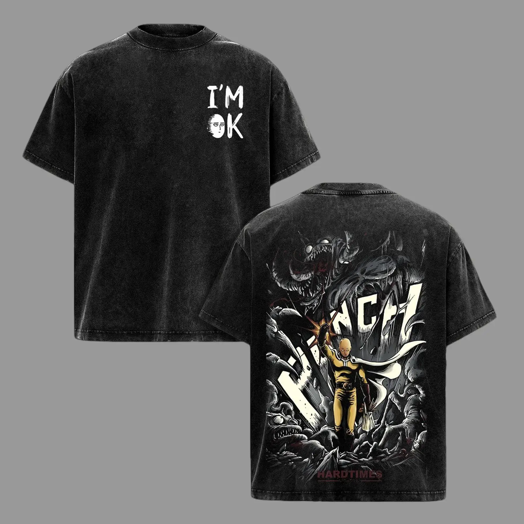 Vintage Saitama One Punch Man Anime Graphic T-Shirt – Washed Black Streetwear