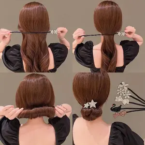 Rhinestone Star Hair Pin Flower Bud Head Bun  Bow Pearl Magic Bun  Lazy Hair Dish Artifact Women Hair Styling Braiders