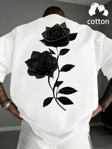 Men's 100% Cotton Rose Print T-Shirt, Gothic Street Style, Loose Fit Top, Dark Floral Print, Casual Long Sleeve Shirt