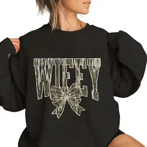 Wifey Camo Sweatshirt, Cute Wife Shirt with Bow, Trendy Camouflage Graphic Pullover for Newlyweds & Brides